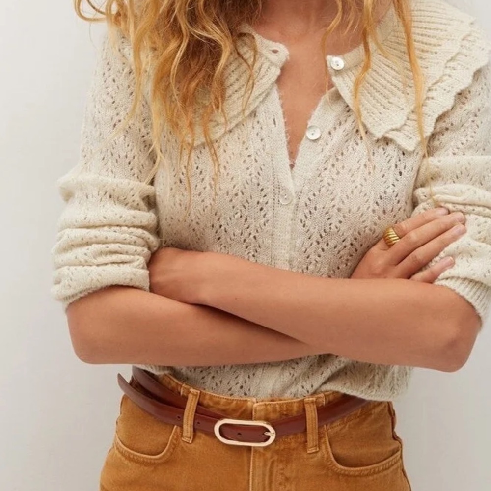 Mango Cream Shawl Collar Button Down Cardigan Sweater Pointelle Knit Size Medium